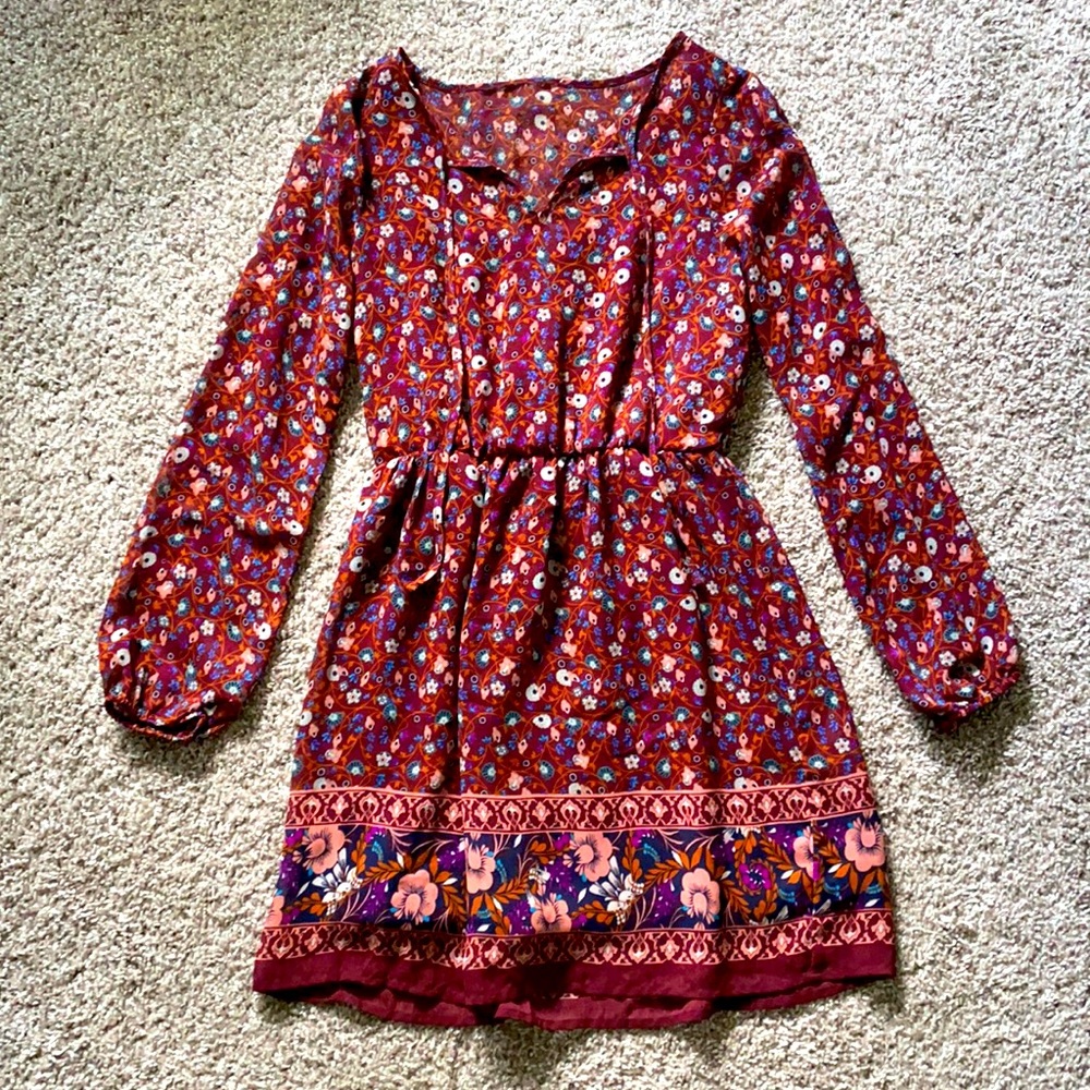 Floral Maroon Long Sleeve Dress | SMALL